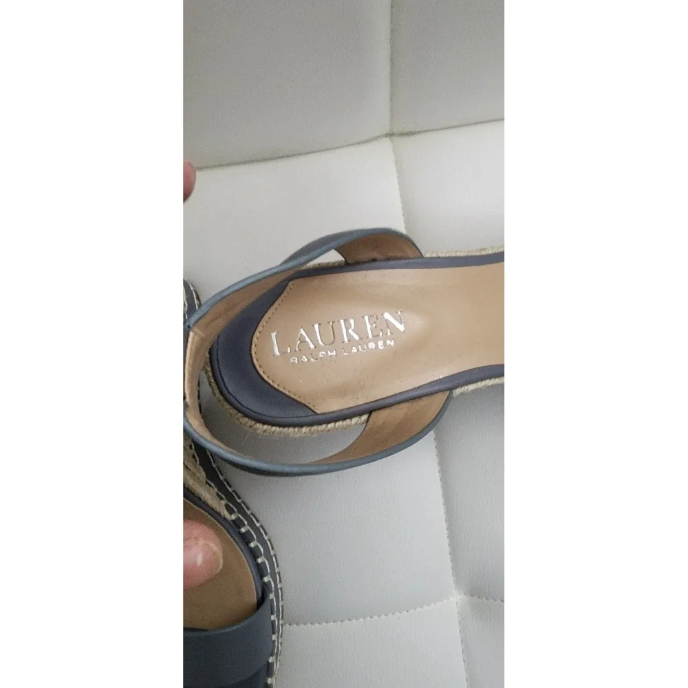 Lauren Ralph Lauren Hilarie Espadrille Wedge Sandals Ocean Blue Grey Leather 9B‎